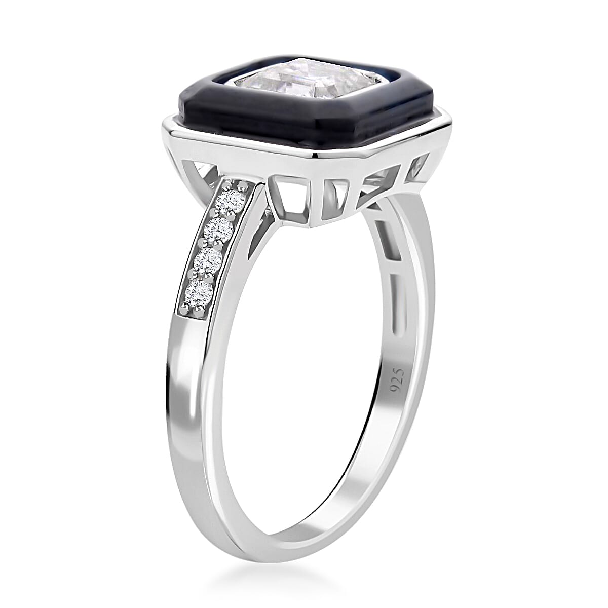 Asscher Cut Moissanite and Black Jade (D) Halo Ring in Rhodium Over Sterling Silver (Size 6.0) 2.75 ctw image number 3