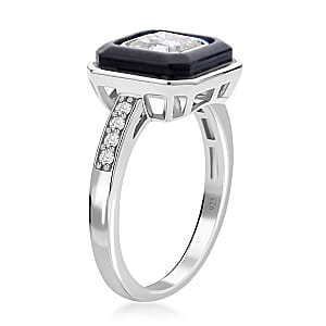 Asscher Cut Moissanite and Black Jade (D) Halo Ring in Rhodium Over Sterling Silver (Size 6.0) 2.75 ctw