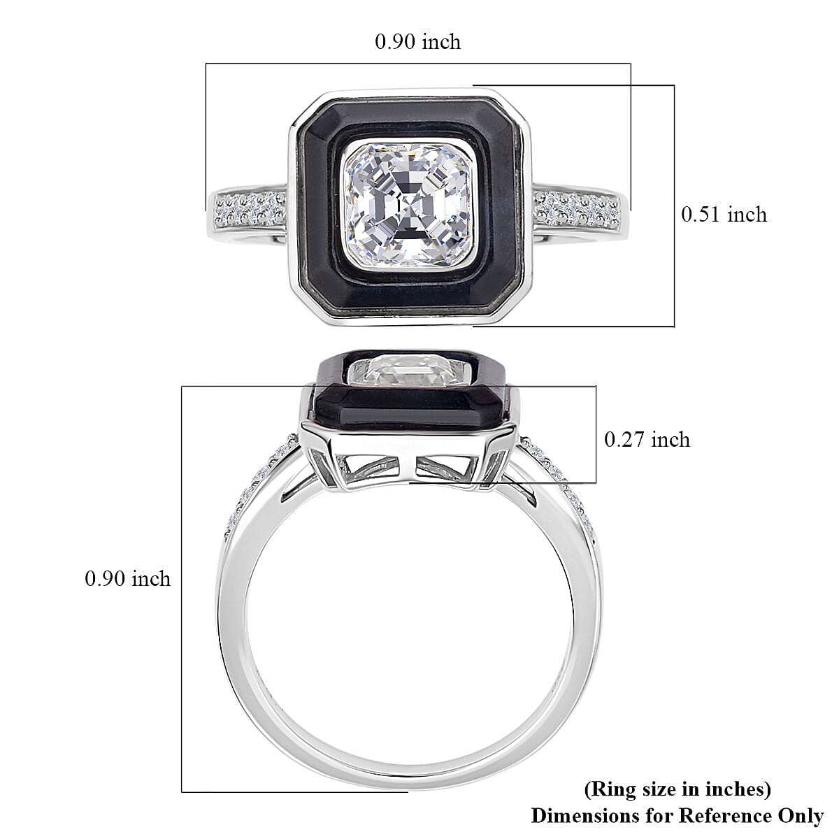 Asscher Cut Moissanite and Black Jade (D) Halo Ring in Rhodium Over Sterling Silver (Size 6.0) 2.75 ctw image number 5