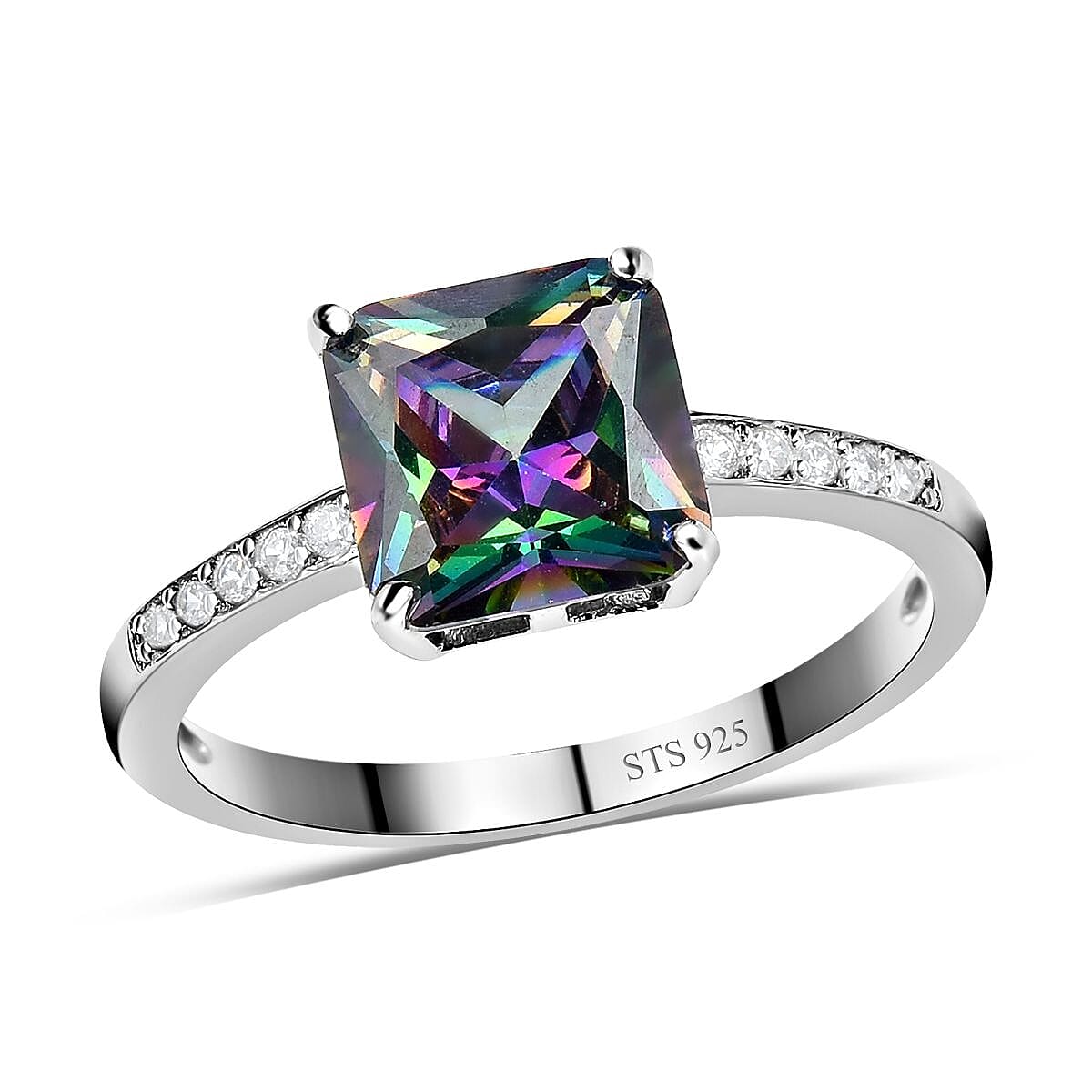 Lustro Stella Finest Northern Lights Mystic and White CZ Ring in Platinum Over Sterling Silver (Size 10.0) 3.75 ctw