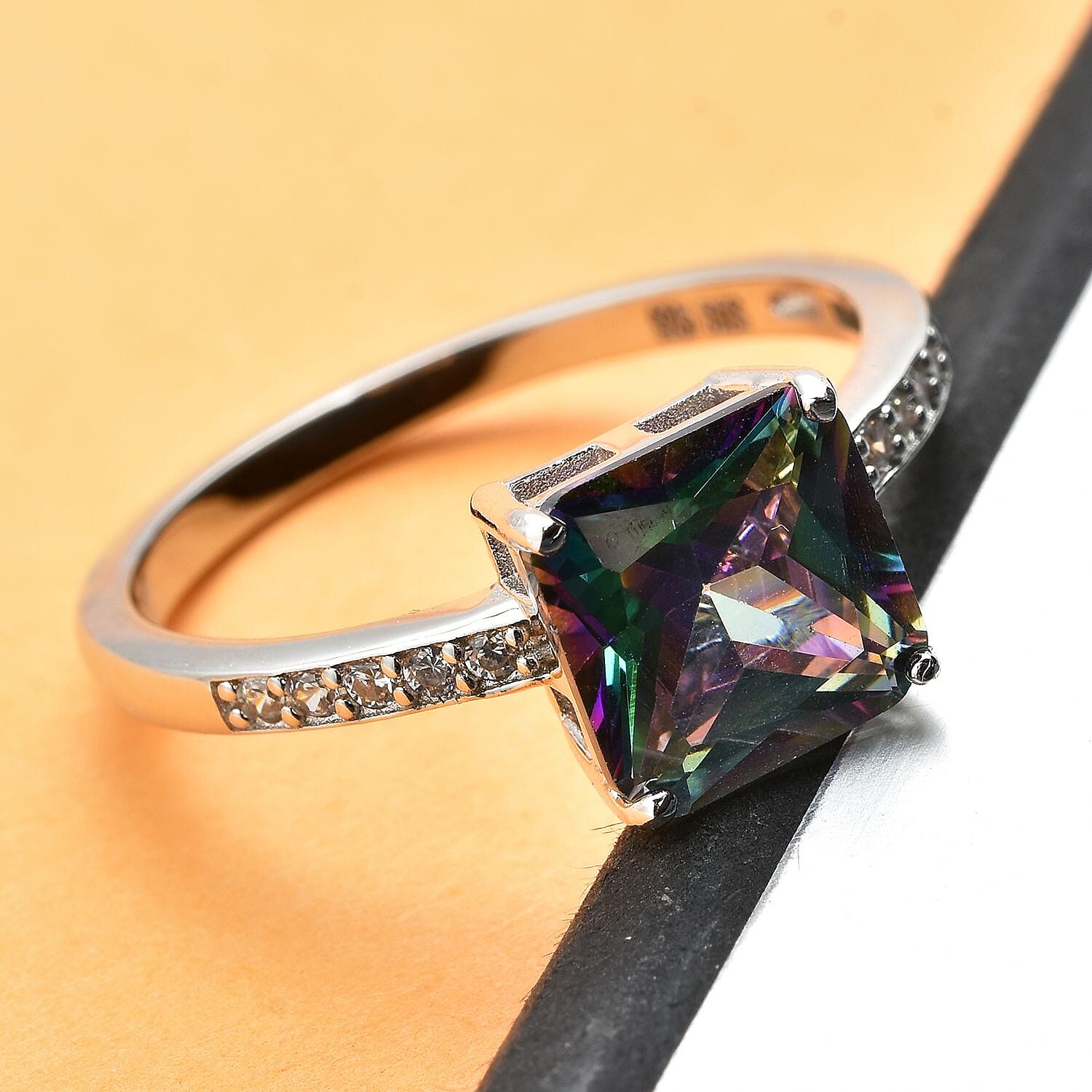 Lustro Stella Finest Northern Lights Mystic and White CZ Ring in Platinum Over Sterling Silver (Size 10.0) 3.75 ctw