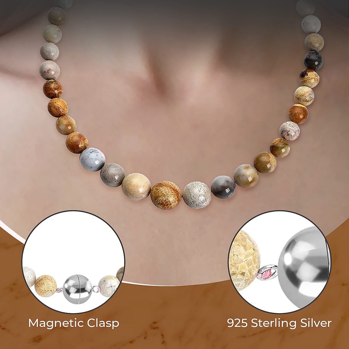 Multi Color Fossil Coral Beaded Necklace 20 Inches with Magnetic Clasp in Rhodium Over Sterling Silver 620.00 ctw image number 2