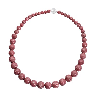 Norwegian Thulite Beaded Necklace 20 Inches with Magnetic Lock in Rhodium Over Sterling Silver 641.50 ctw