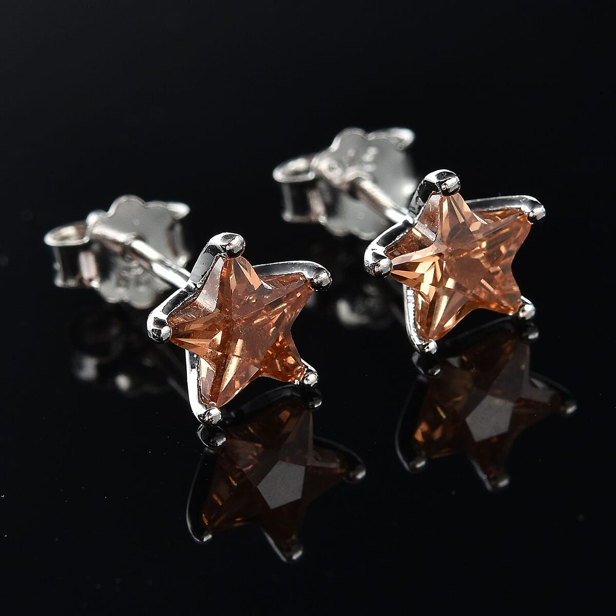 LUSTRO STELLA Finest Champagne CZ Star Stud Earrings in Platinum Over Sterling Silver 1.90 ctw image number 1