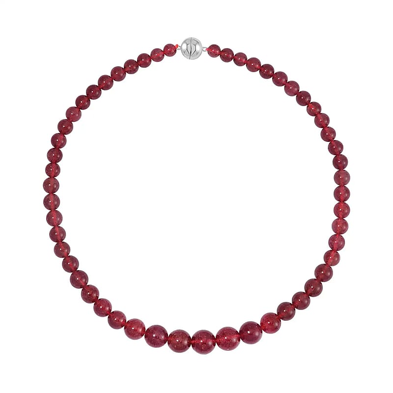 Strawberry Quartz Beaded Necklace For Women with Magnetic Lock, Sterling Silver Necklace 20 Inches