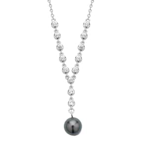 Tahitian Cultured Pearl 9-10mm and Natural White Zircon Necklace 18 Inches in Rhodium Over Sterling Silver 0.65 ctw