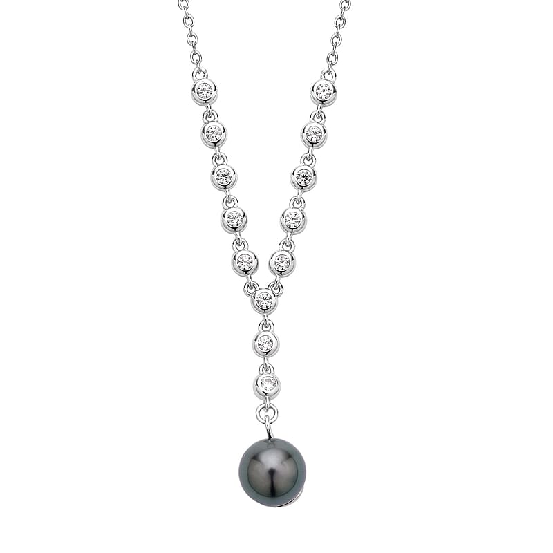 Tahitian Cultured Pearl 9-10mm and White Zircon Necklace 18 Inches in Rhodium Over Sterling Silver 0.65 ctw