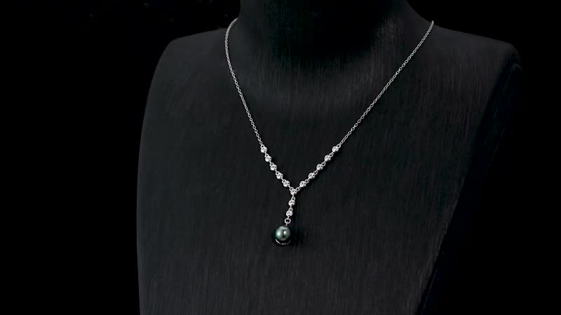 Tahitian Cultured Pearl 9-10mm and White Zircon Necklace 18 Inches in Rhodium Over Sterling Silver 0.65 ctw