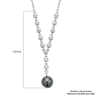 Tahitian Cultured Pearl 9-10mm and White Zircon Necklace 18 Inches in Rhodium Over Sterling Silver 0.65 ctw