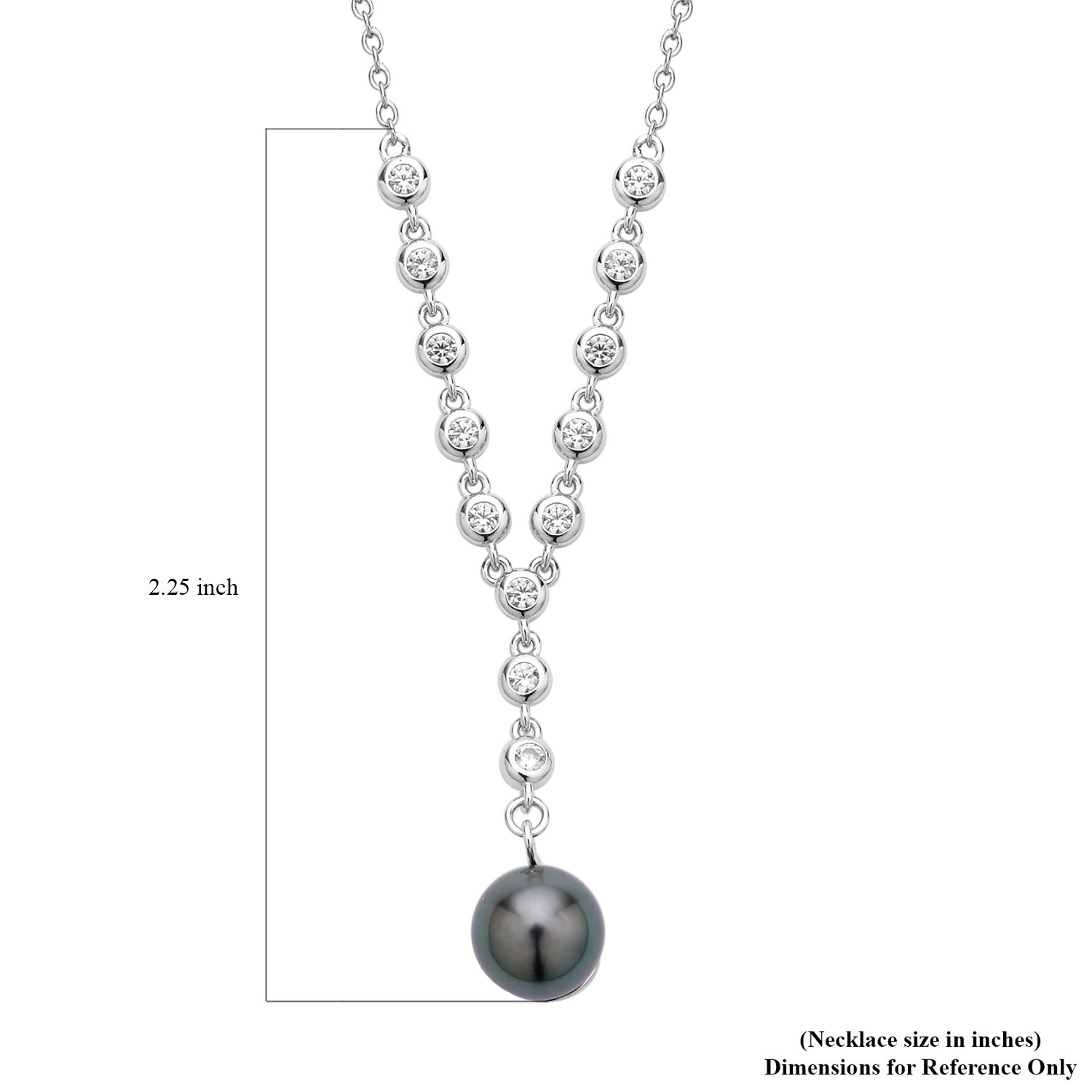 Tahitian Cultured Pearl 9-10mm and White Zircon Necklace 18 Inches in Rhodium Over Sterling Silver 0.65 ctw