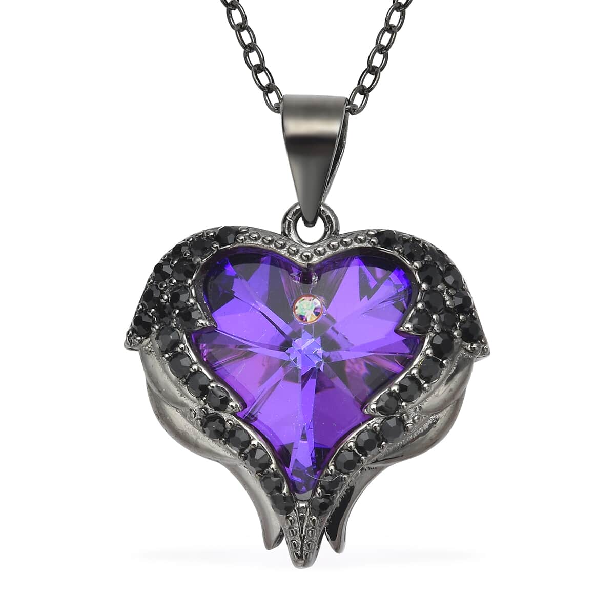 Angel Wing Austrian Purple, White & Aurora Borealis Crystal Heart Pendant Necklace (18 Inches) in Black Rhodium Over Sterling Silver Jewelry image number 0