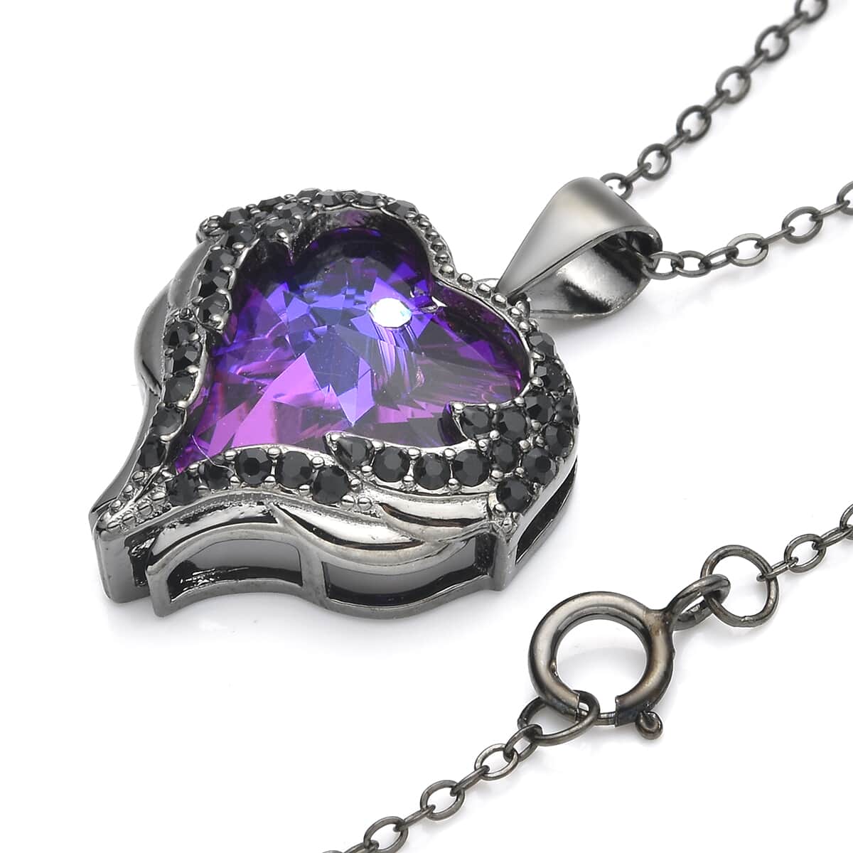 Angel Wing Austrian Purple, White & Aurora Borealis Crystal Heart Pendant Necklace (18 Inches) in Black Rhodium Over Sterling Silver Jewelry image number 1