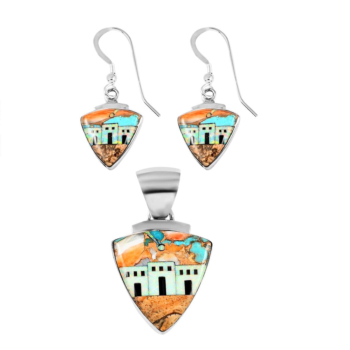Santa Fe Style Spiny Turquoise and Multi Gemstone Pueblo Homes Earrings and Pendant in Sterling Silver 7.50 ctw image number 0