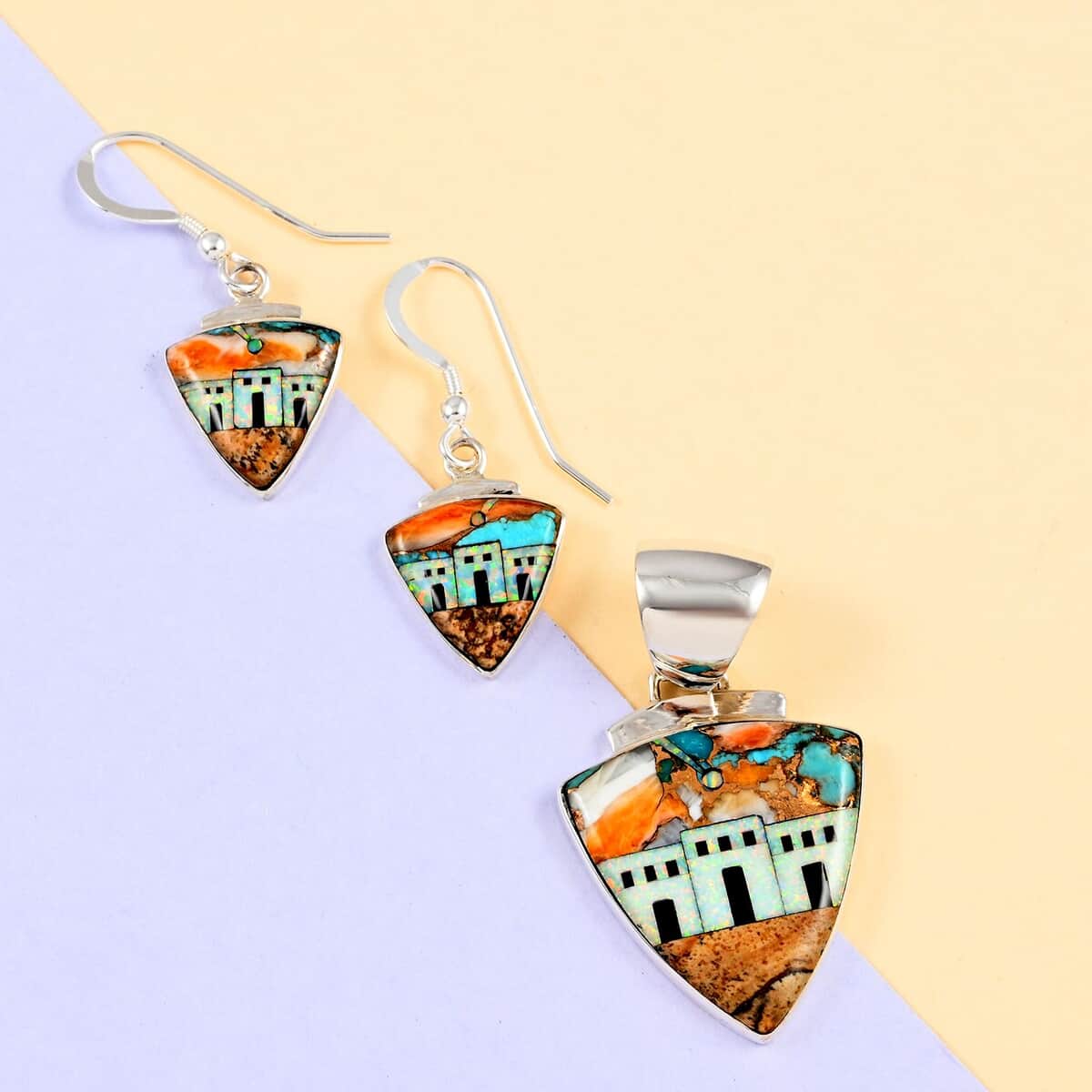 Santa Fe Style Spiny Turquoise and Multi Gemstone Pueblo Homes Earrings and Pendant in Sterling Silver 7.50 ctw image number 1