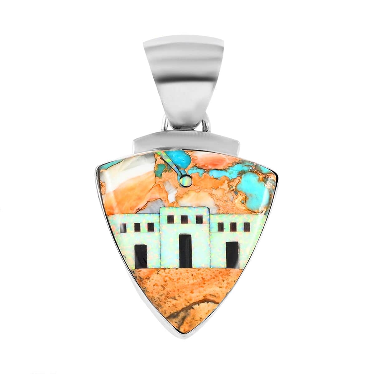 Santa Fe Style Spiny Turquoise and Multi Gemstone Pueblo Homes Earrings and Pendant in Sterling Silver 7.50 ctw image number 2