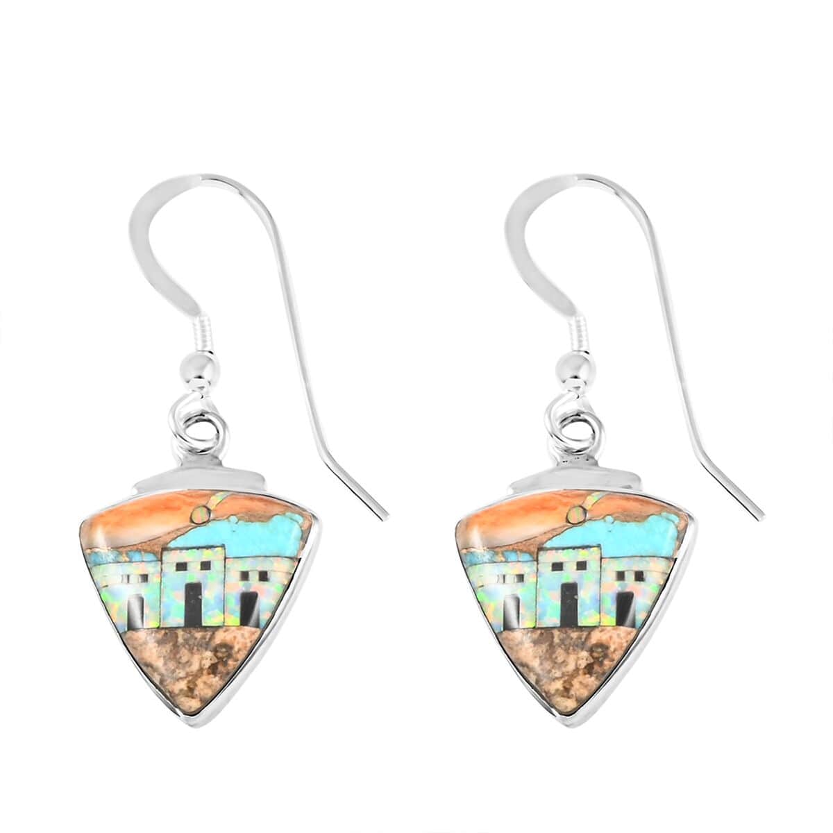 Santa Fe Style Spiny Turquoise and Multi Gemstone Pueblo Homes Earrings and Pendant in Sterling Silver 7.50 ctw image number 4