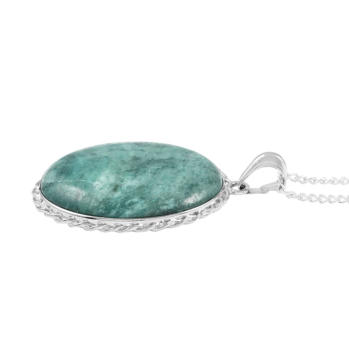 Green Ocean Jasper Oval Pendant Necklace 18 Inches in Silvertone 65.00 ctw