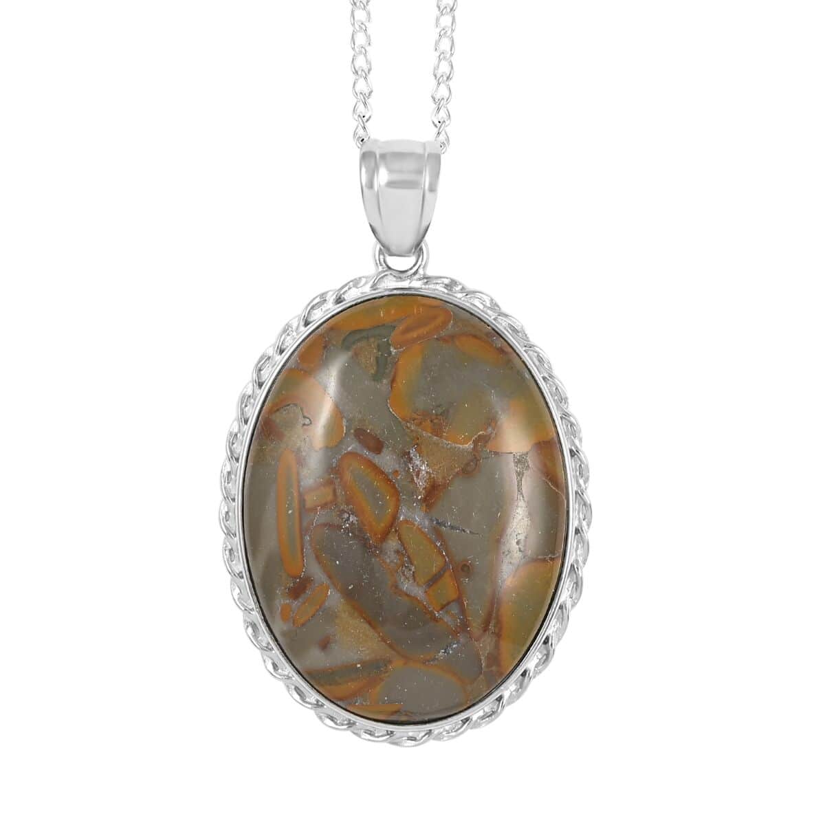 Bamboo Jasper Oval Pendant Necklace 18 Inches in Silvertone 65.00 ctw image number 0