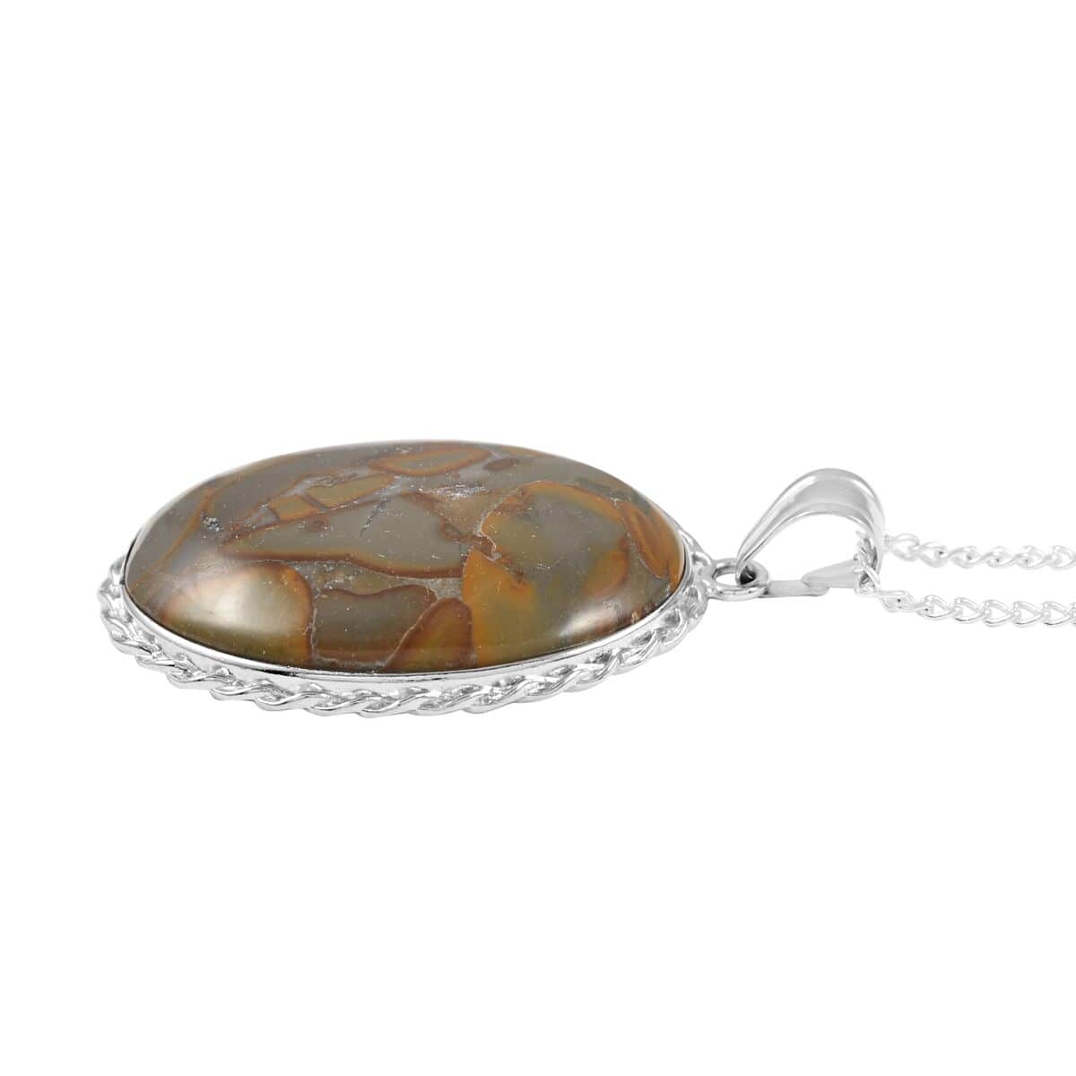 Bamboo Jasper Oval Pendant Necklace 18 Inches in Silvertone 65.00 ctw image number 3