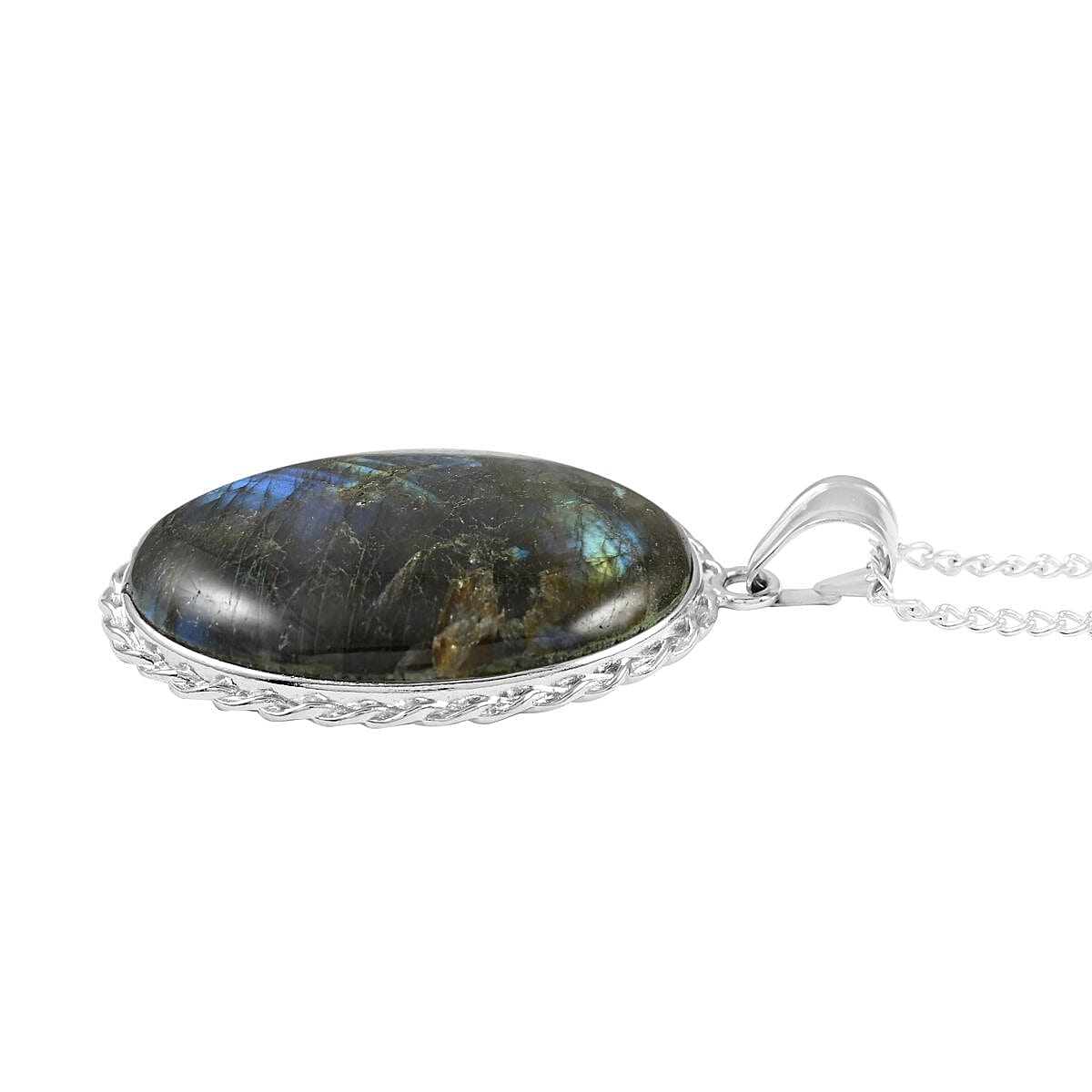 Labradorite Oval Pendant Necklace 18 Inches in Silvertone 67.00 ctw image number 3