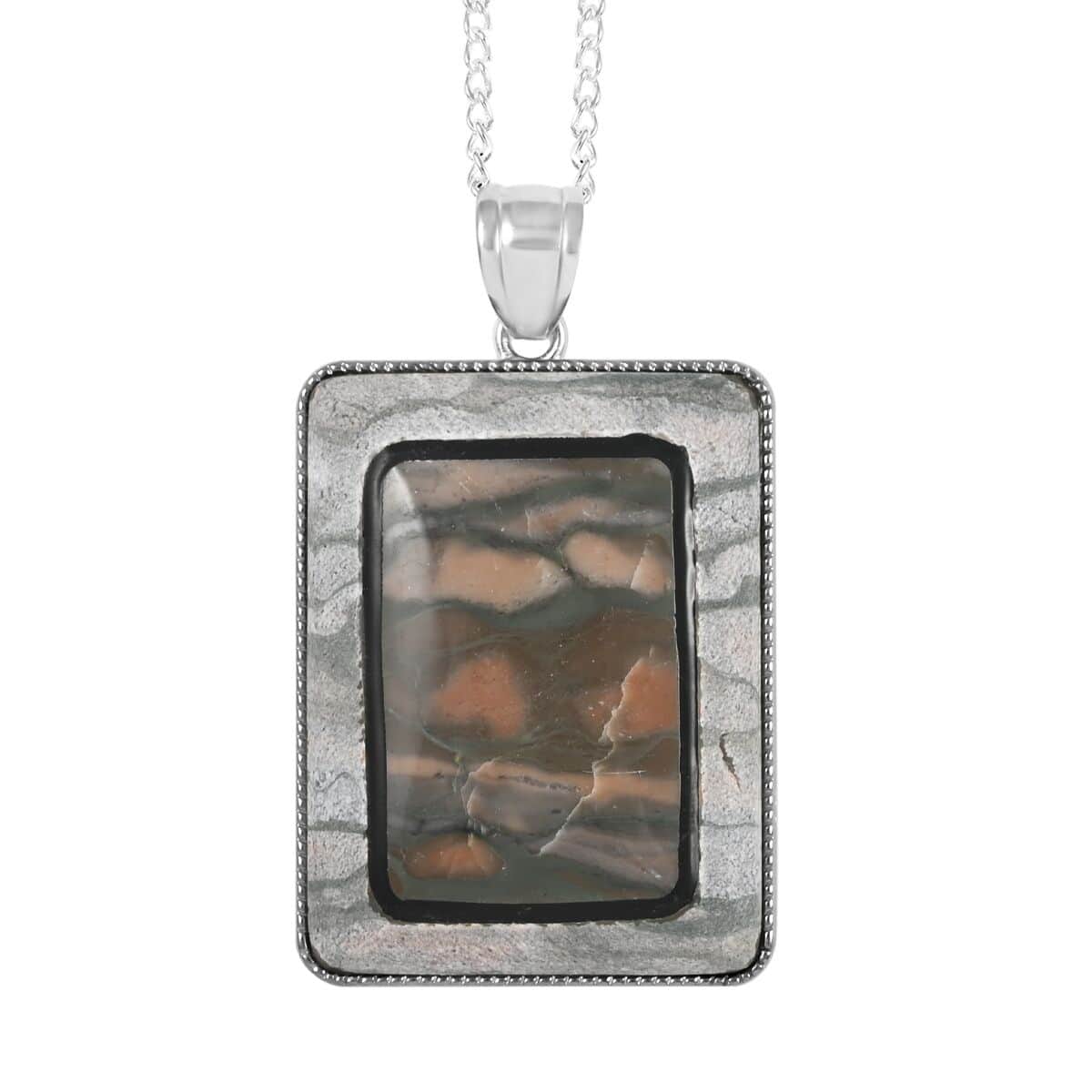 Rainbow Jasper and Red Zebra Jasper Rectangle Pendant Necklace 18 Inches in Silvertone 80.00 ctw image number 0