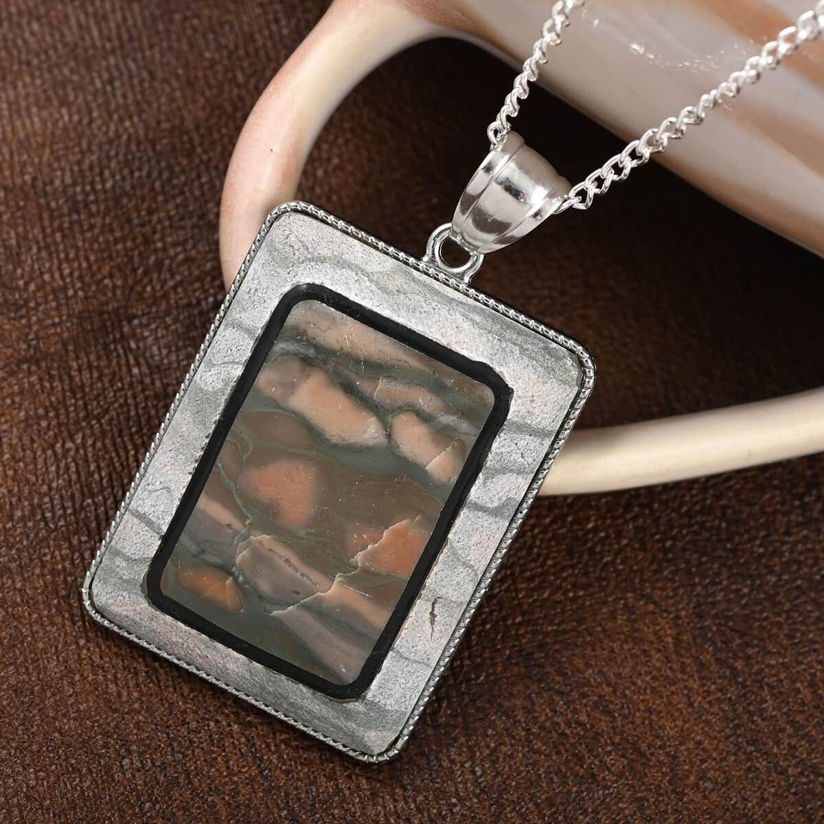 Rainbow Jasper and Red Zebra Jasper Rectangle Pendant Necklace 18 Inches in Silvertone 80.00 ctw image number 1