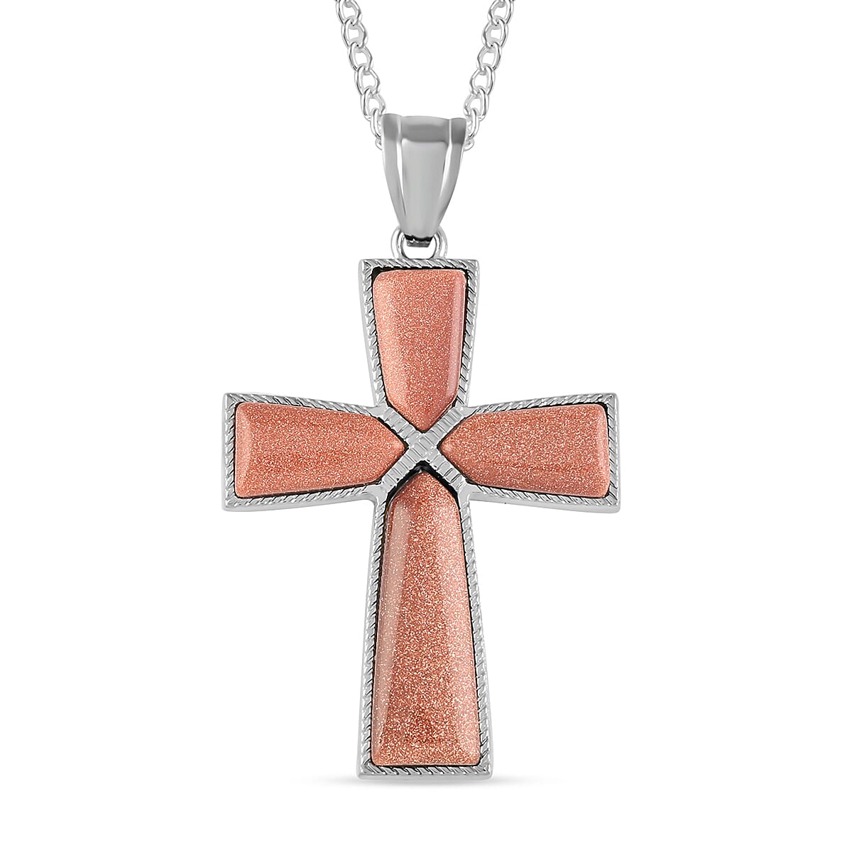 Gold Sandstone Cross Pendant Necklace 18 Inches in Silvertone 61.25 ctw