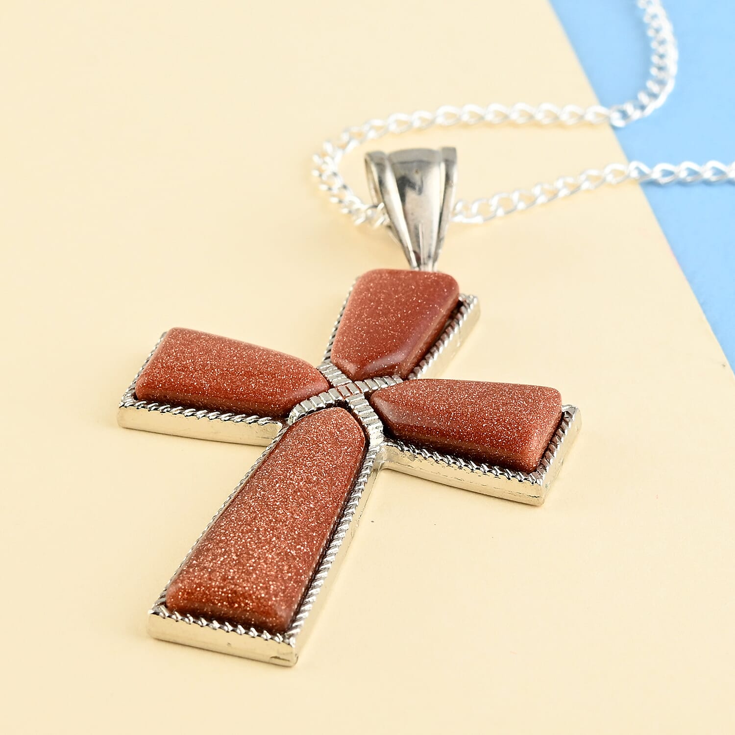 Gold Sandstone Cross Pendant Necklace 18 Inches in Silvertone 61.25 ctw