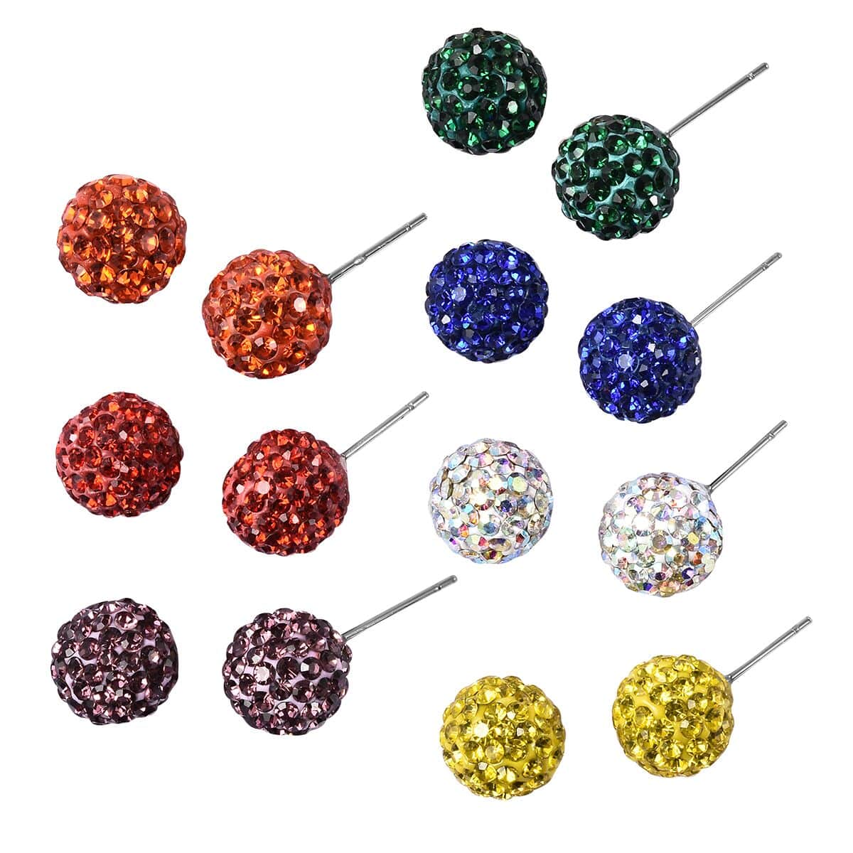 Set of 7 Multi Color Austrian Crystal 7 Chakra Theme Shamballa Stud Earrings in Stainless Steel image number 0