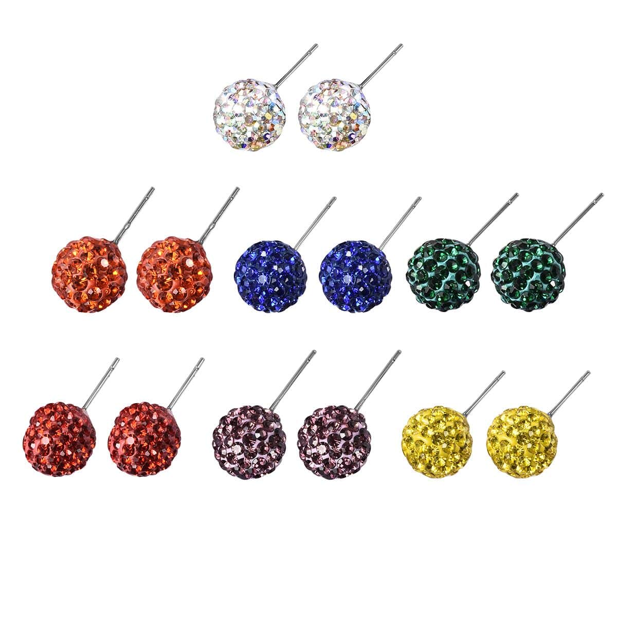 Set of 7 Multi Color Austrian Crystal 7 Chakra Theme Shamballa Stud Earrings in Stainless Steel image number 2