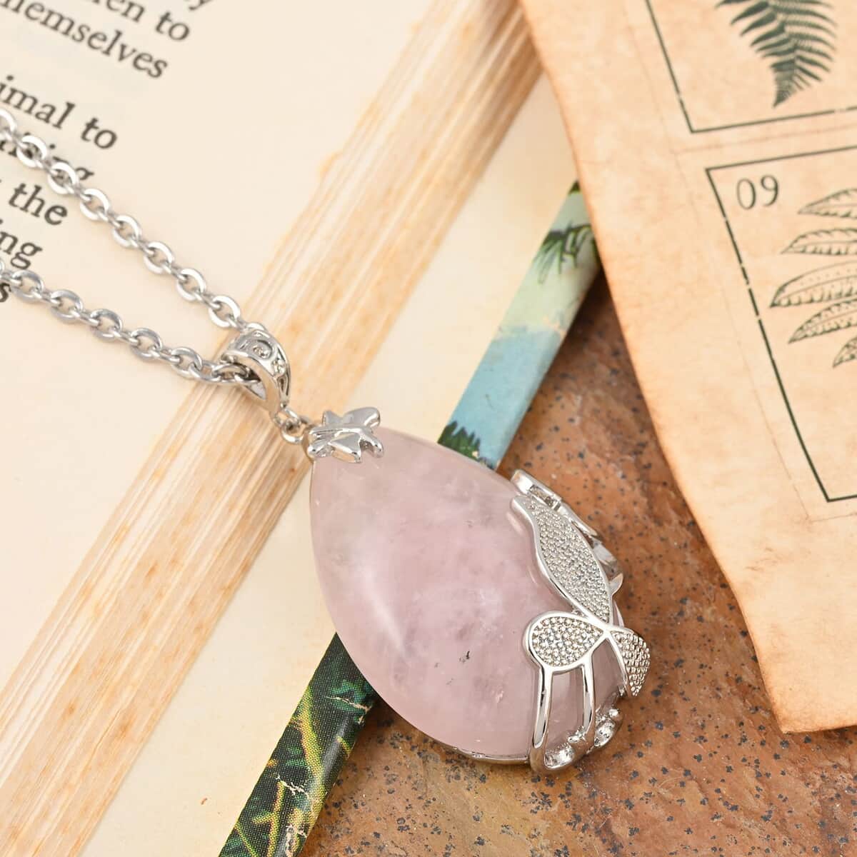 Galilea Rose Quartz Pendant Necklace 18-20 Inches in Silvertone and Stainless Steel 40.00 ctw image number 1