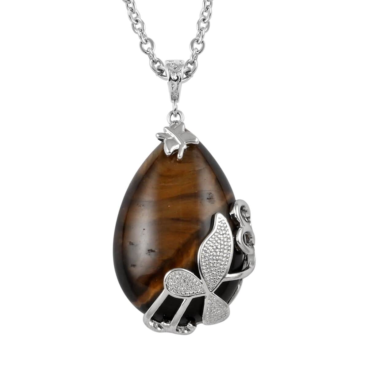 Yellow Tiger's Eye Pendant Necklace (18-20 Inches) in Silvertone and Stainless Steel 40.00 ctw , Tarnish-Free, Waterproof, Sweat Proof Jewelry image number 0