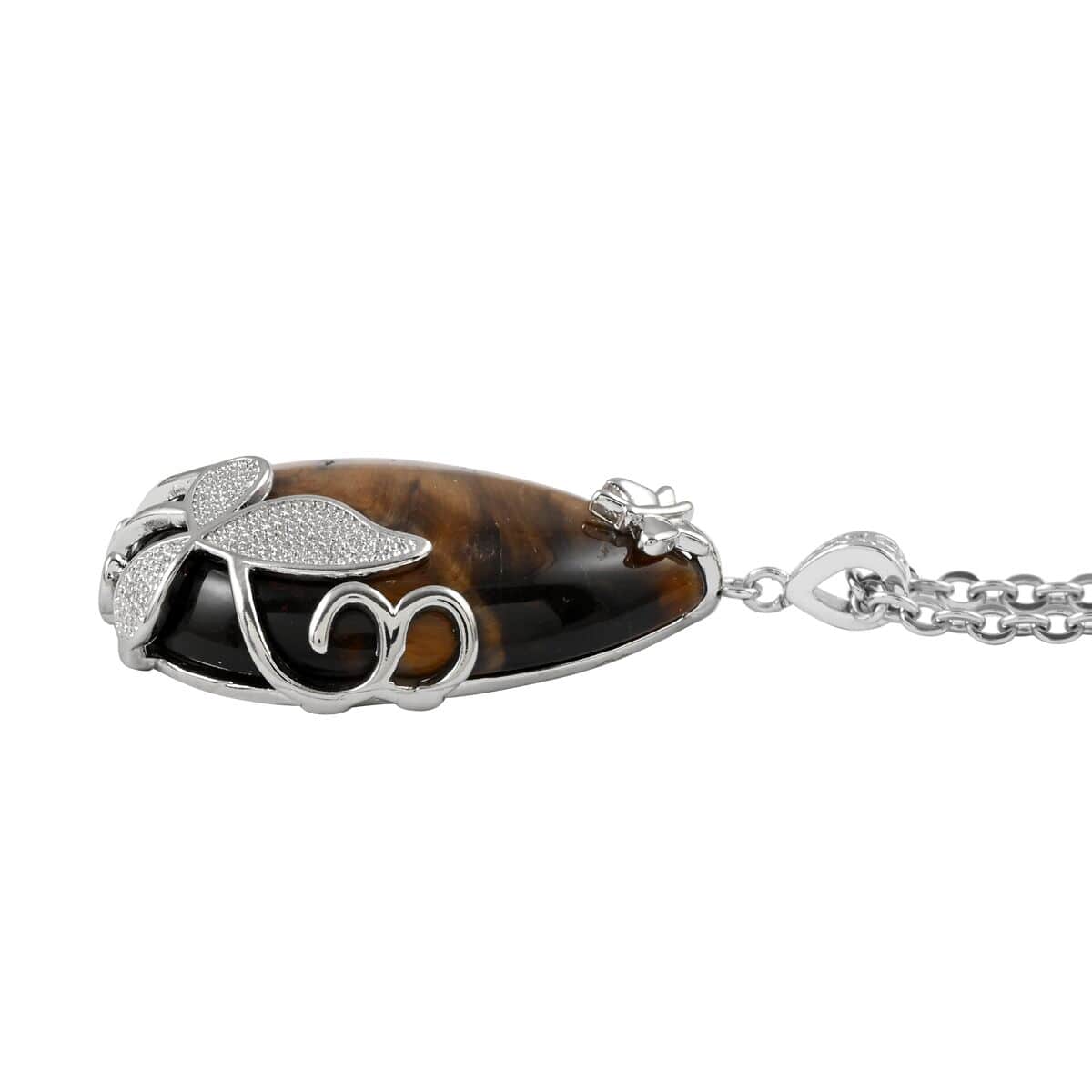 Yellow Tiger's Eye Pendant Necklace (18-20 Inches) in Silvertone and Stainless Steel 40.00 ctw , Tarnish-Free, Waterproof, Sweat Proof Jewelry image number 3