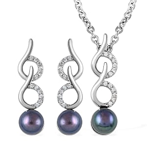 Freshwater Peacock Pearl Drop Earrings and Pendant in Silvertone with Stainless Steel Necklace 18-20 Inches , Tarnish-Free, Waterproof, Sweat Proof Jewelry