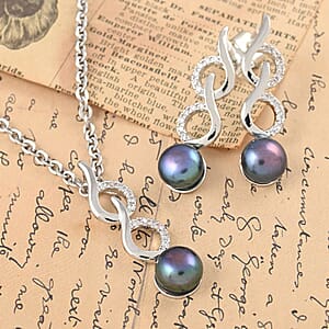 Freshwater Peacock Pearl Drop Earrings and Pendant in Silvertone with Stainless Steel Necklace 18-20 Inches , Tarnish-Free, Waterproof, Sweat Proof Jewelry