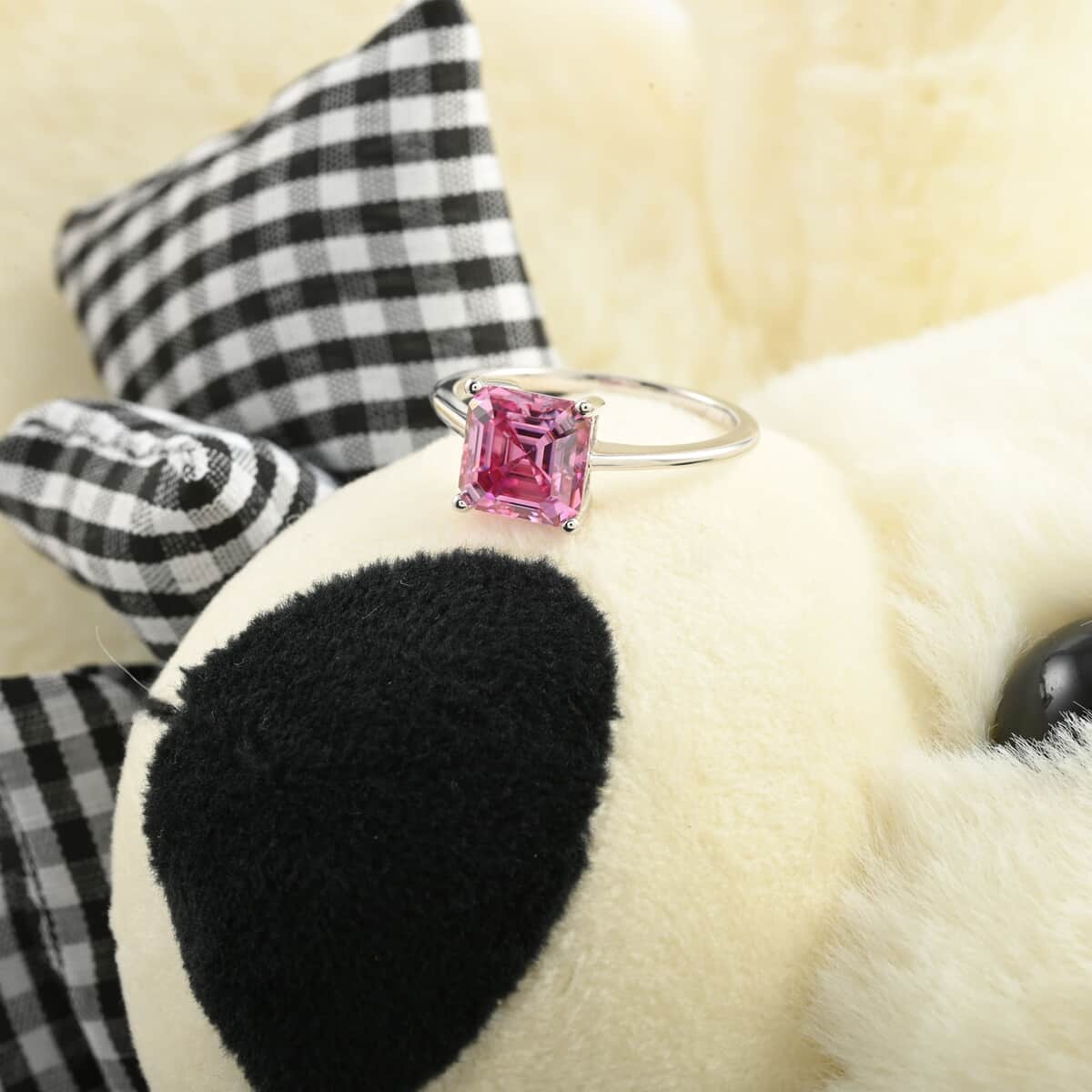 Luxoro 10K White Gold Asscher-Cut Pink Moissanite Solitaire Ring (Size 8.0) with Teddy Bear Packaging 2.50 ctw image number 2