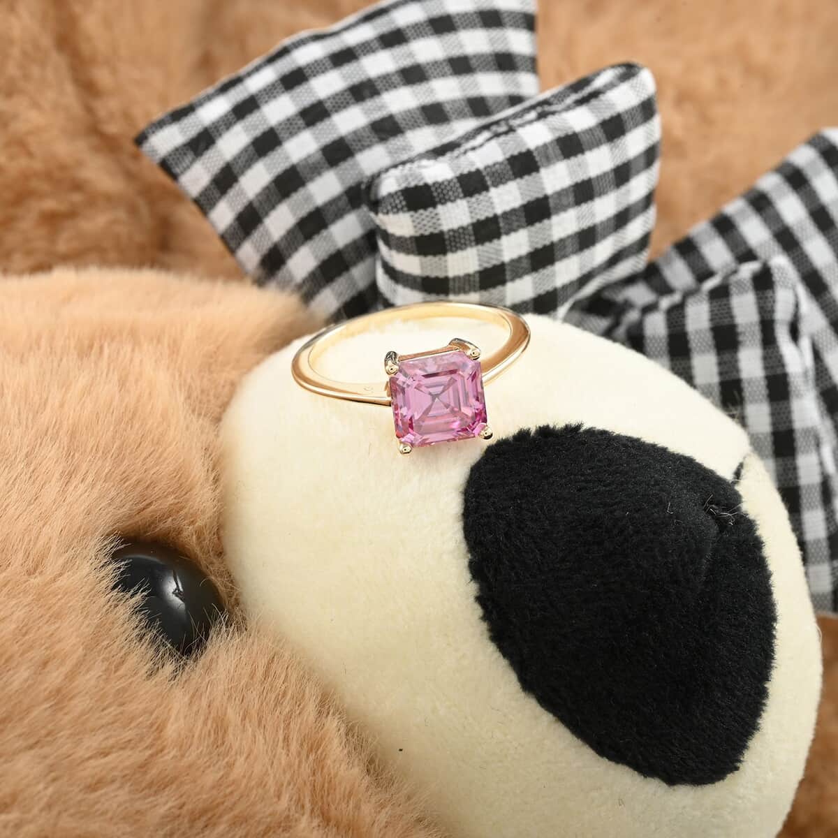 Luxoro 10K Yellow Gold Asscher-Cut Pink Moissanite Solitaire Ring (Size 8.0) with Teddy Bear Packaging 2.50 ctw image number 2