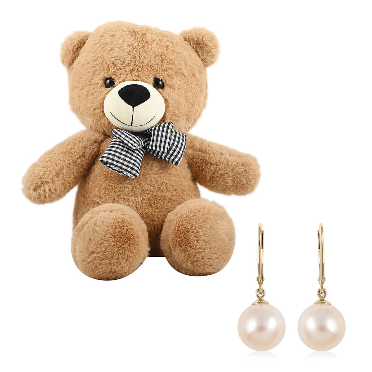 10K Yellow Gold White Edison Pearl Solitaire Lever Back Earrings with Teddy Bear Packaging image number 0