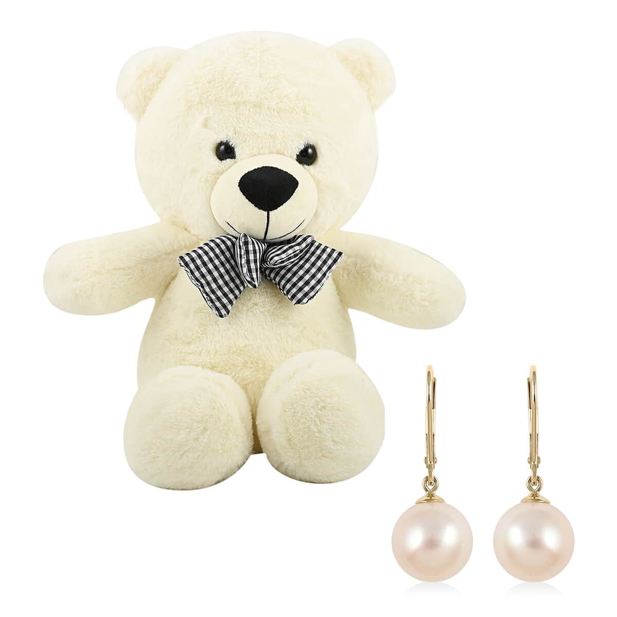 10K Yellow Gold White Edison Pearl Solitaire Lever Back Earrings with Teddy Bear Packaging image number 0