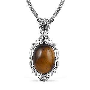 Yellow Tiger's Eye Pendant Necklace (18-20 Inches) in Silvertone and Stainless Steel 8.00 ctw , Tarnish-Free, Waterproof, Sweat Proof Jewelry