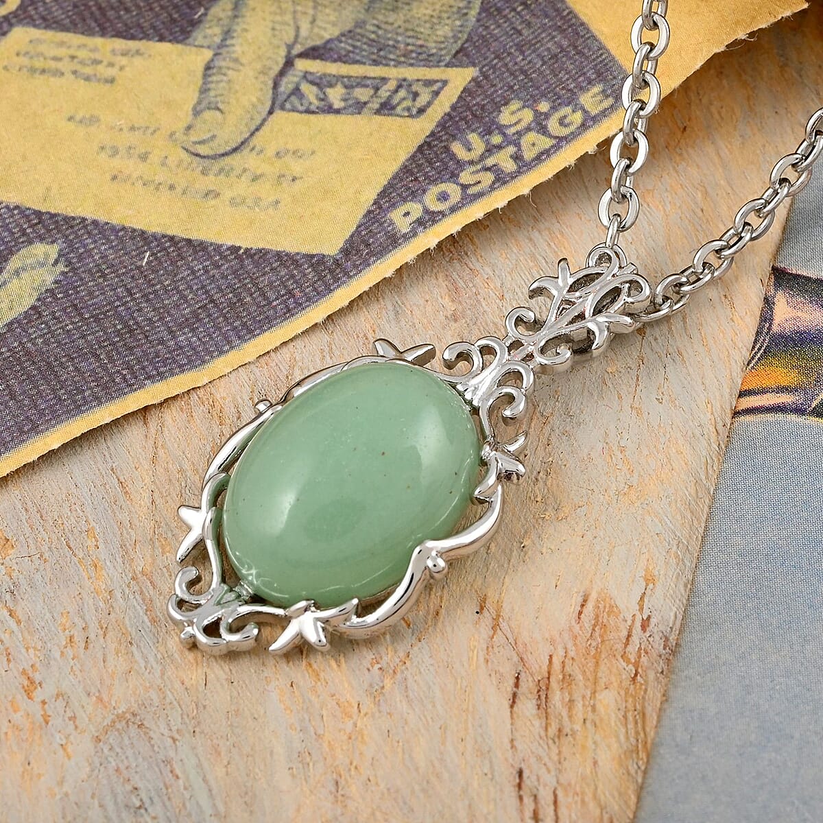 Green Aventurine Pendant Necklace (18-20 Inches) in Silvertone and Stainless Steel 8.00 ctw | Tarnish-Free, Waterproof, Sweat Proof Jewelry image number 1