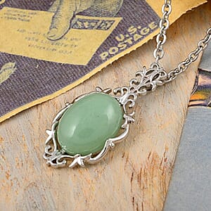 Green Aventurine Pendant Necklace (18-20 Inches) in Silvertone and Stainless Steel 8.00 ctw | Tarnish-Free, Waterproof, Sweat Proof Jewelry