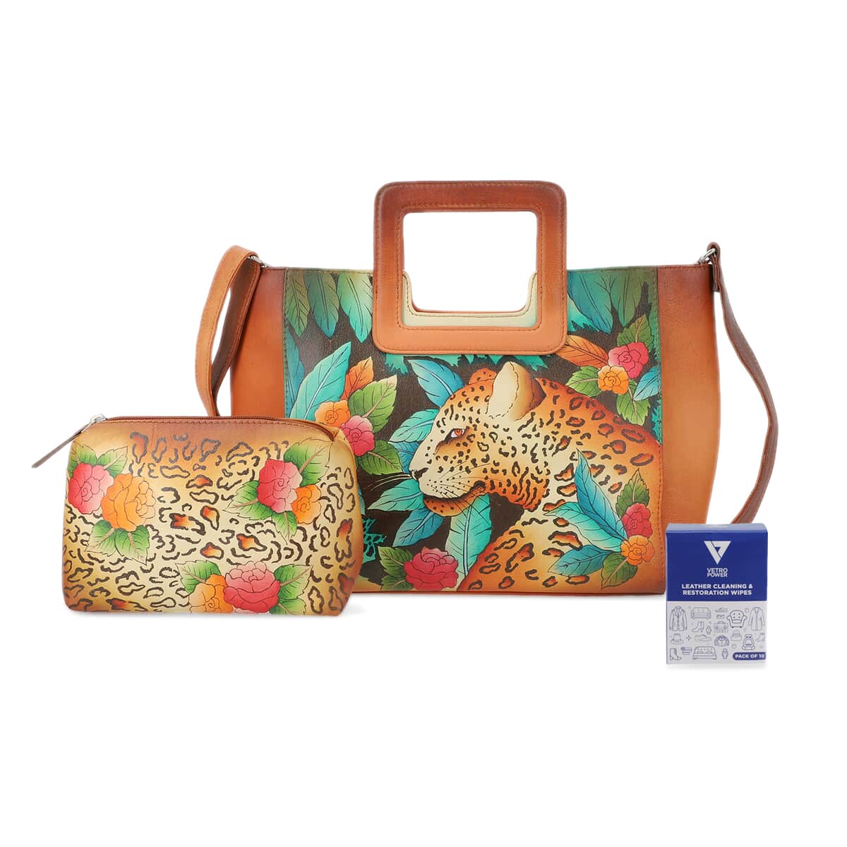 SUKRITI Set of 3, Tan Leopard in Forest Hand Painted Leather Tote Bag with Leather Pouch with 1 Box Leather Wipes image number 0