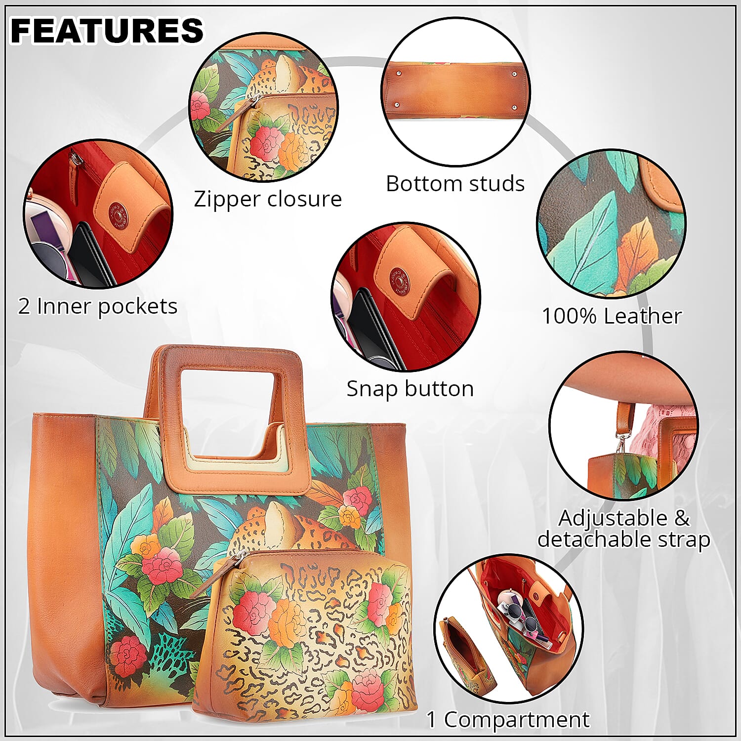 Ankur Treasure Chest SUKRITI Set of 3, Tan Leopard in Forest Hand Painted Leather Tote Bag for Women with Leather Pouch with 1 Box Leather Wipes , Satchel Purse , Shoulder Handbag , Designer Tote Bag