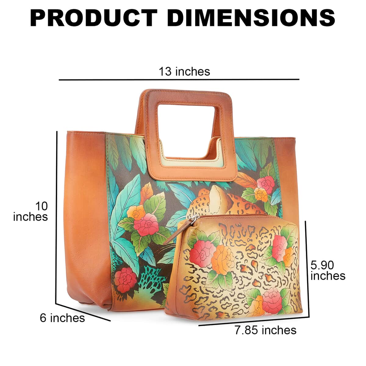 SUKRITI Set of 3, Tan Leopard in Forest Hand Painted Leather Tote Bag with Leather Pouch with 1 Box Leather Wipes image number 3