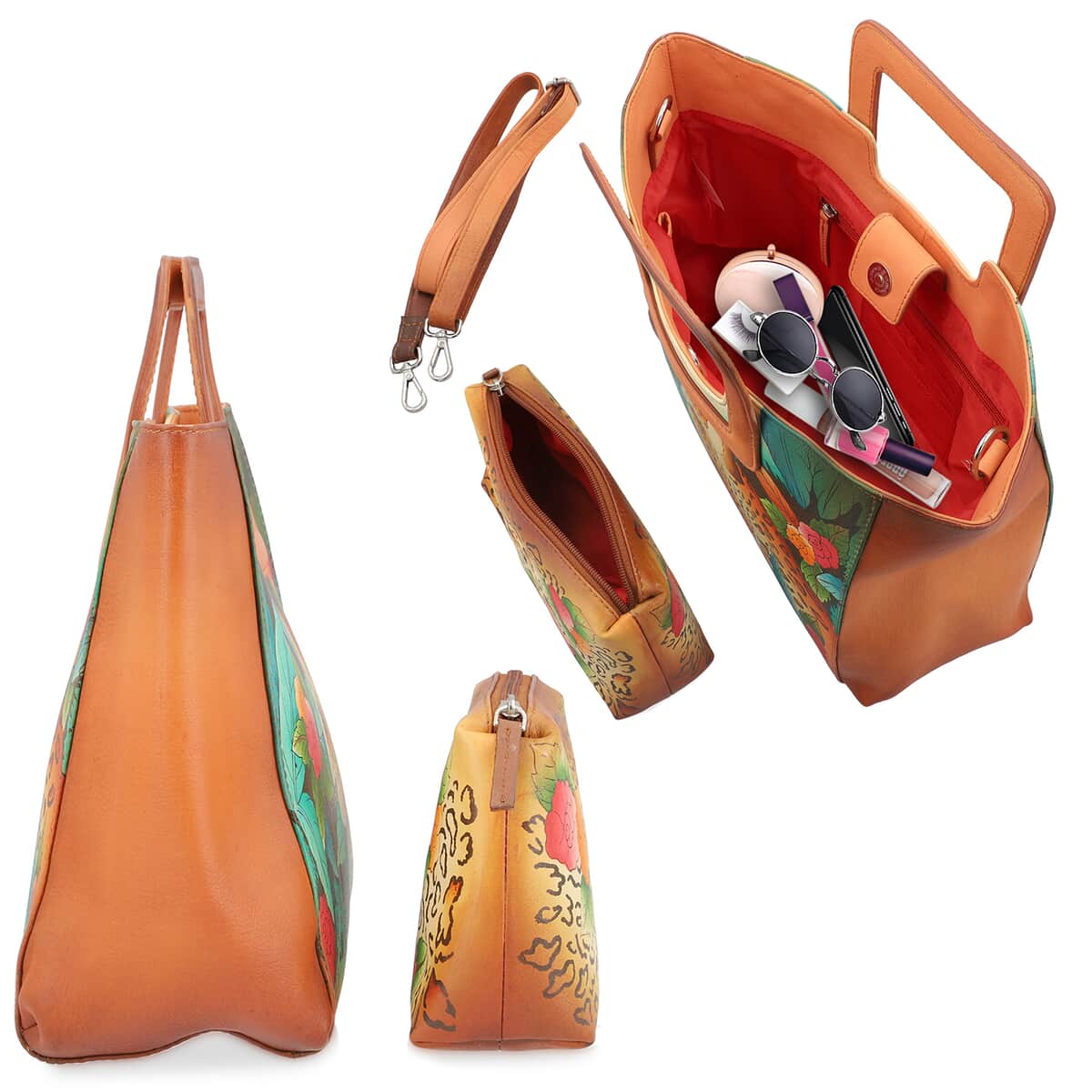 SUKRITI Set of 3, Tan Leopard in Forest Hand Painted Leather Tote Bag with Leather Pouch with 1 Box Leather Wipes image number 5