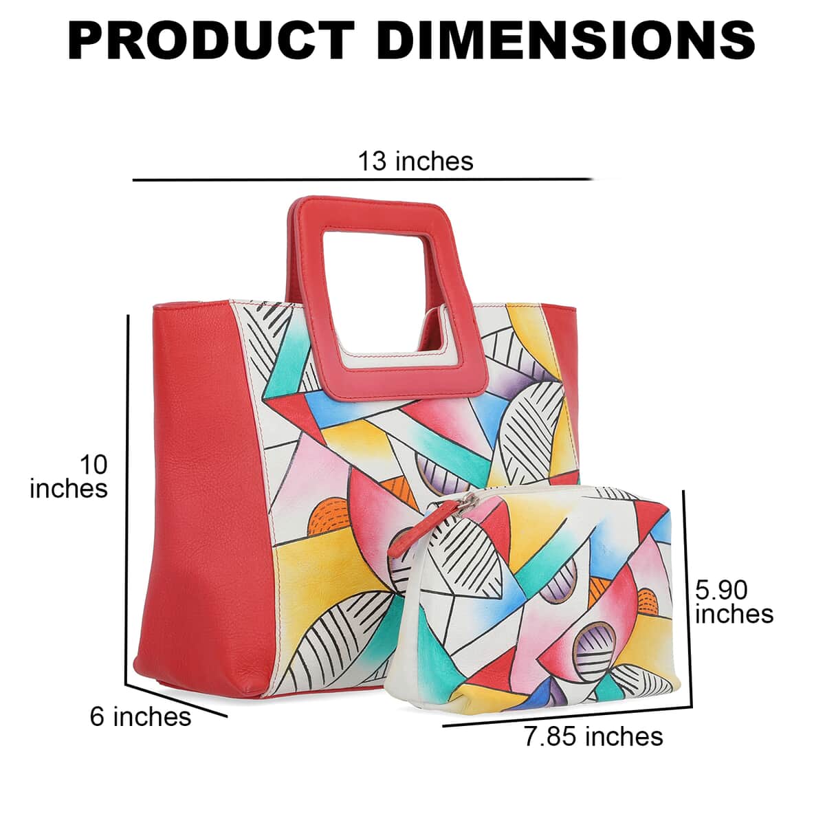 Ankur Treasure Chest Sukriti Set of 3, Red Geometric Hand Painted Leather Tote Bag for Women with Leather Pouch with 1 Box Leather Wipes , Satchel Purse , Shoulder Handbag , Designer Tote Bag image number 3