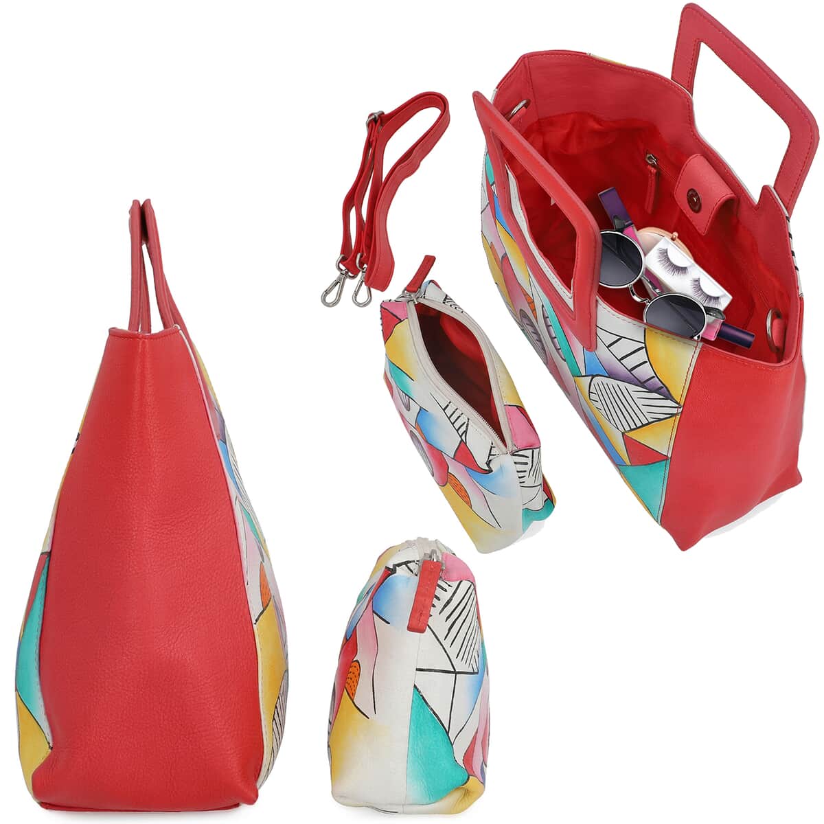 Ankur Treasure Chest Sukriti Set of 3, Red Geometric Hand Painted Leather Tote Bag for Women with Leather Pouch with 1 Box Leather Wipes , Satchel Purse , Shoulder Handbag , Designer Tote Bag image number 5