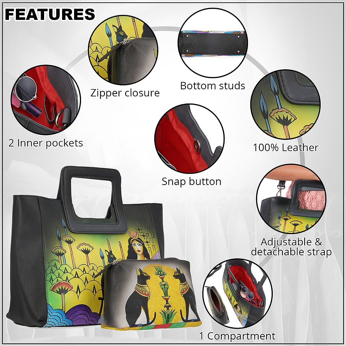 Ankur Treasure Chest SUKRITI Set of 3, Black Cleopatra Hand Painted Leather Tote Bag for Women with Leather Pouch with 1 Box Leather Wipes , Satchel Purse , Shoulder Handbag , Designer Tote Bag image number 2