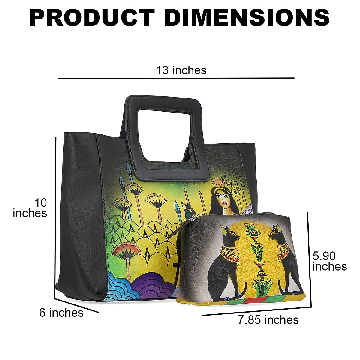 Ankur Treasure Chest SUKRITI Set of 3, Black Cleopatra Hand Painted Leather Tote Bag for Women with Leather Pouch with 1 Box Leather Wipes , Satchel Purse , Shoulder Handbag , Designer Tote Bag image number 3